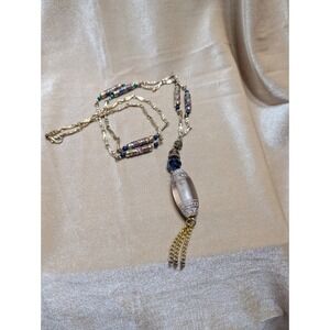 Vintage Cloisonne Floral Bead Tassel Pendant Necklace Gold Tone Blue Green